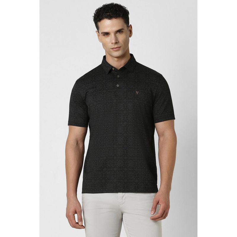 Van Heusen Men Black Print Polo Neck T-Shirt (M)