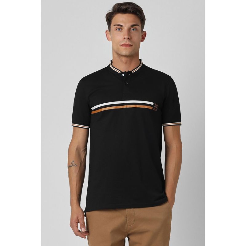 Van Heusen Men Black Solid Polo Neck T-Shirt (L)