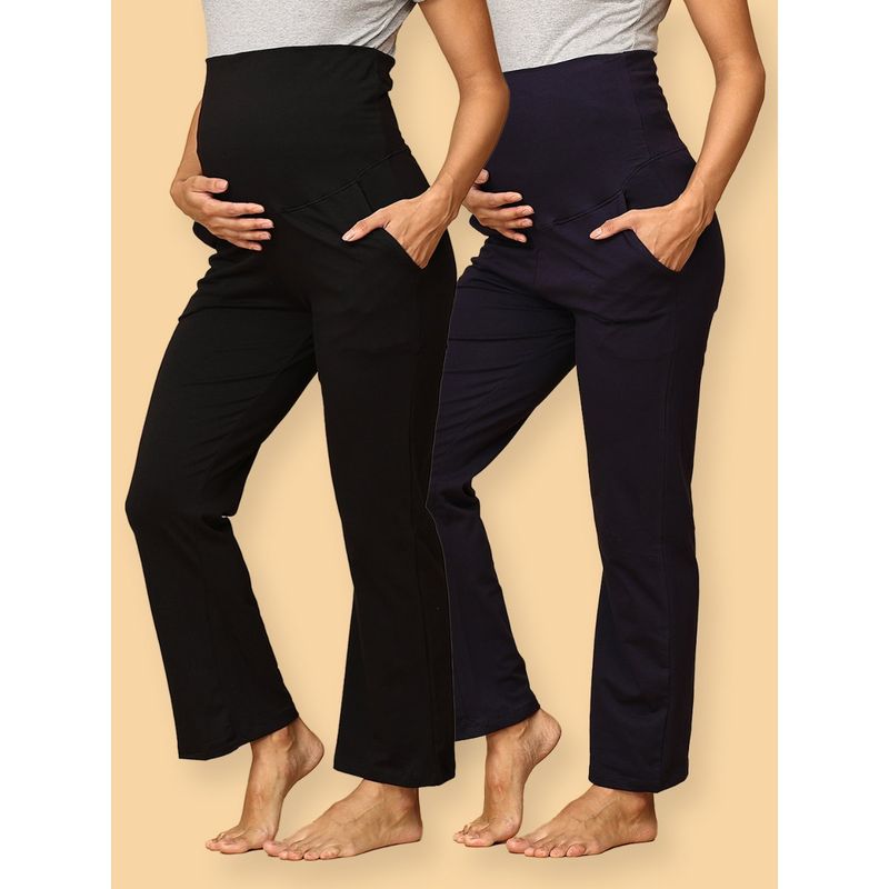 The Mom Store Comfy Maternity Trackpants Black & Navy Blue (Pack of 2) (S)