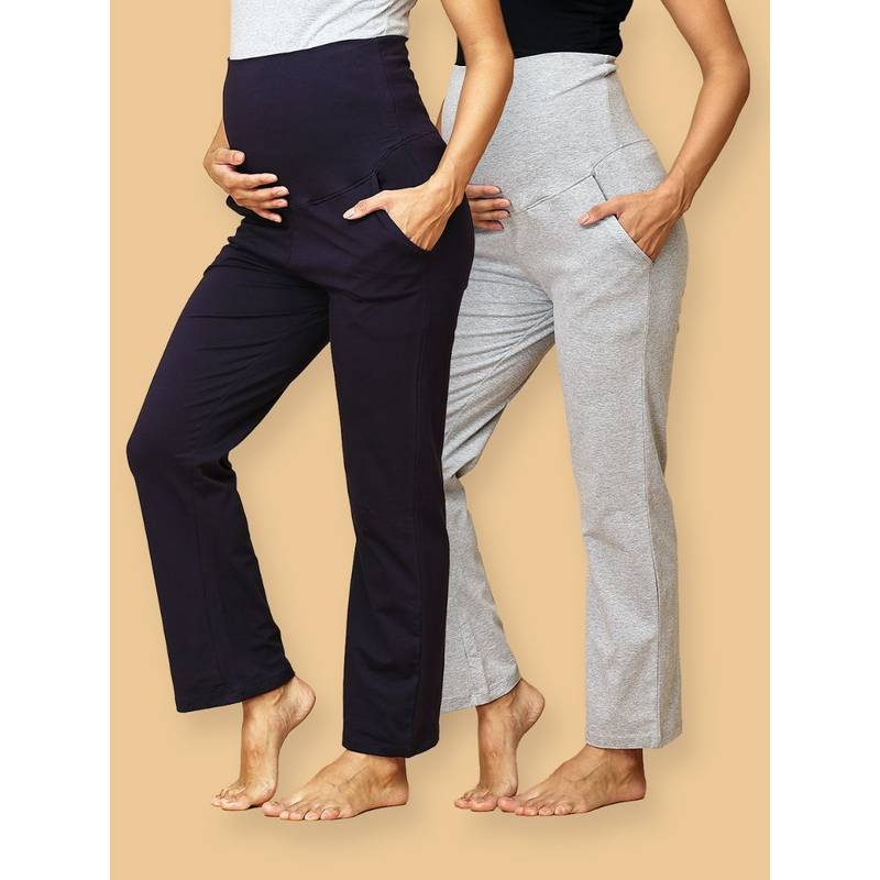 The Mom Store Comfy Maternity Trackpants Grey & Navy Blue (Pack of 2) (L)
