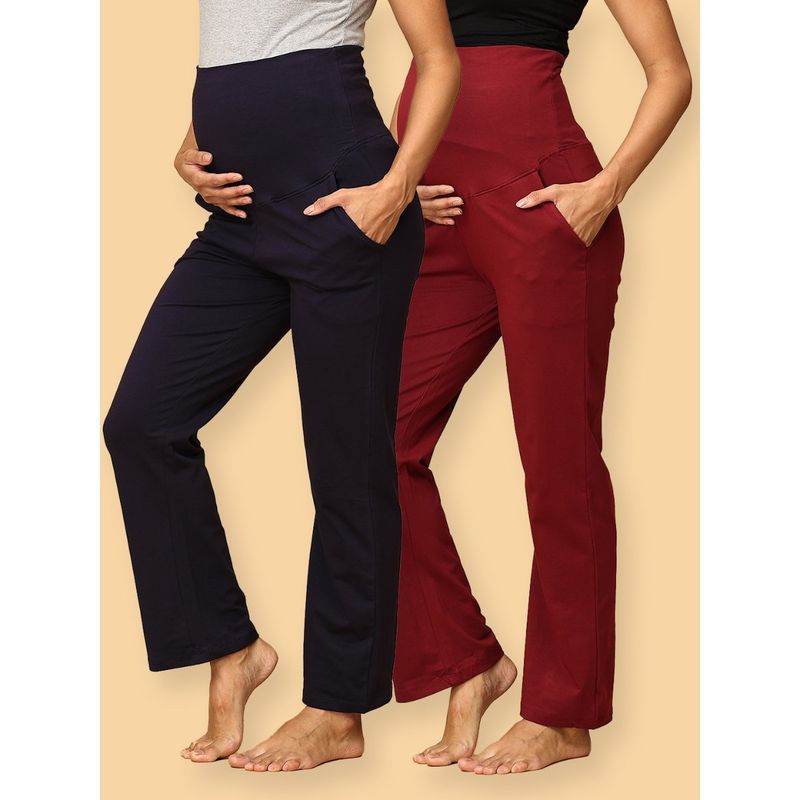 The Mom Store Comfy Maternity Trackpants Maroon & Navy Blue (Pack of 2) (S)