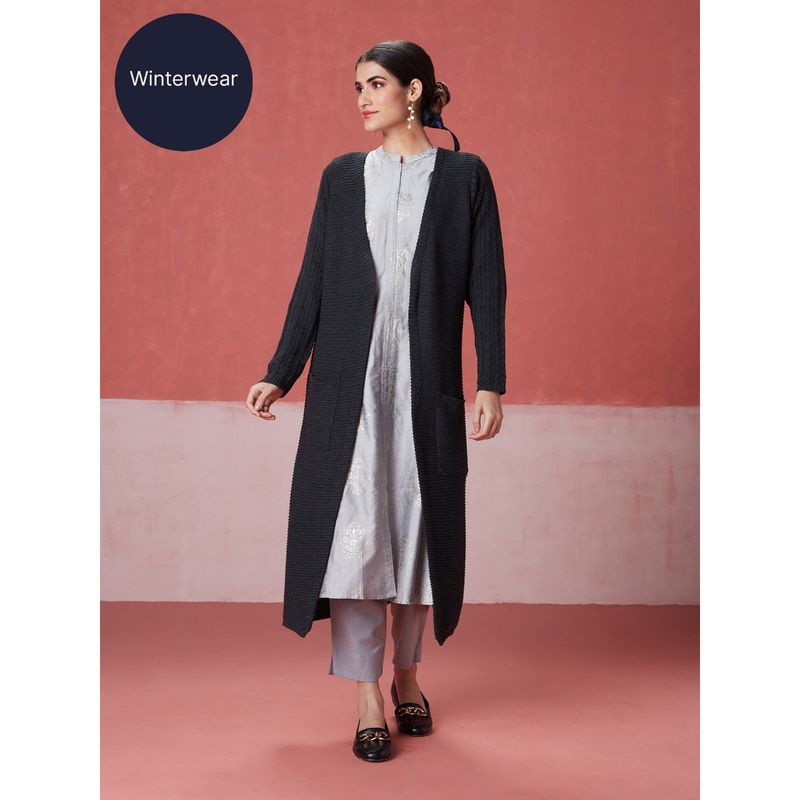 Likha Charcoal Black Woollen Acrylic Winter Long Shrug LIKWW02 (M)