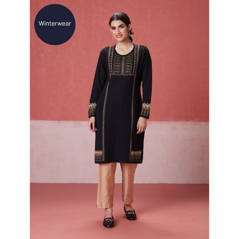 Likha Black Woollen Acrylic Jacquard Winter Kurta LIKWW06 (XL)