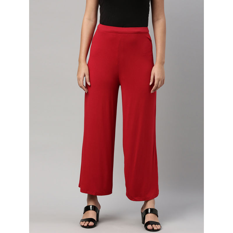 Buy Women's Solid Bright Red Viscose Knit Mid-Rise Palazzos - GoColors