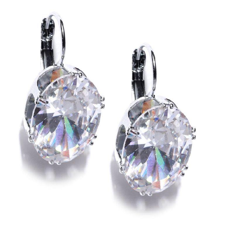 OOMPH Jewellery Silver Plated Large Oval Cubic Zirconia Drop Earrings For Women & Girls