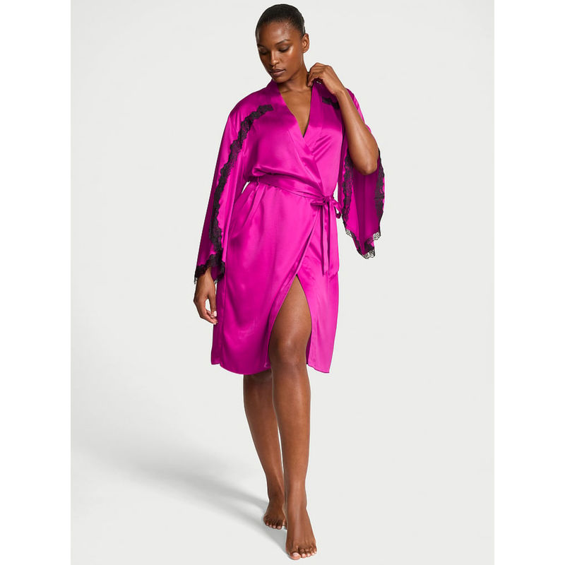 Victoria's Secret Purple Very Sexy Satin Rose Lace-Trim Midi Robe with Belt (XL/2XL)