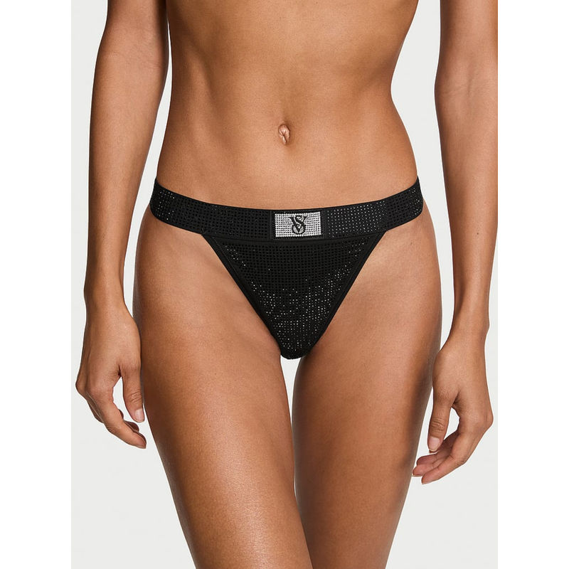 Victoria's Secret Black Cotton Shine Cotton V-String Panty (L)