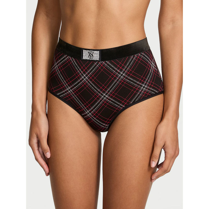 Victoria's Secret Black Logo Cotton Shine Patch Velvet Modern Brief Panty (M)