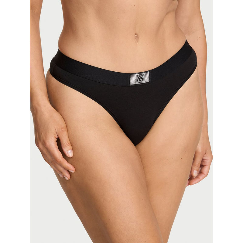 Victoria's Secret Black Logo Cotton Shine Patch Thong Panty (XS)
