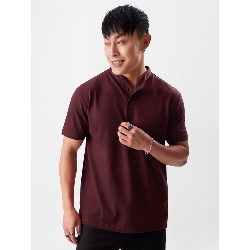 The Souled Store Original Solid Maroon Mandarin Polos for Men (2XL)