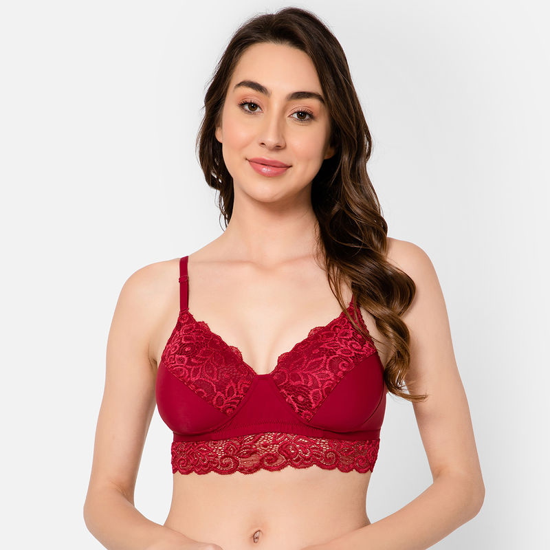 Clovia Lace Solid Padded Full Cup Wire Free Bralette Bra - Maroon (40D)