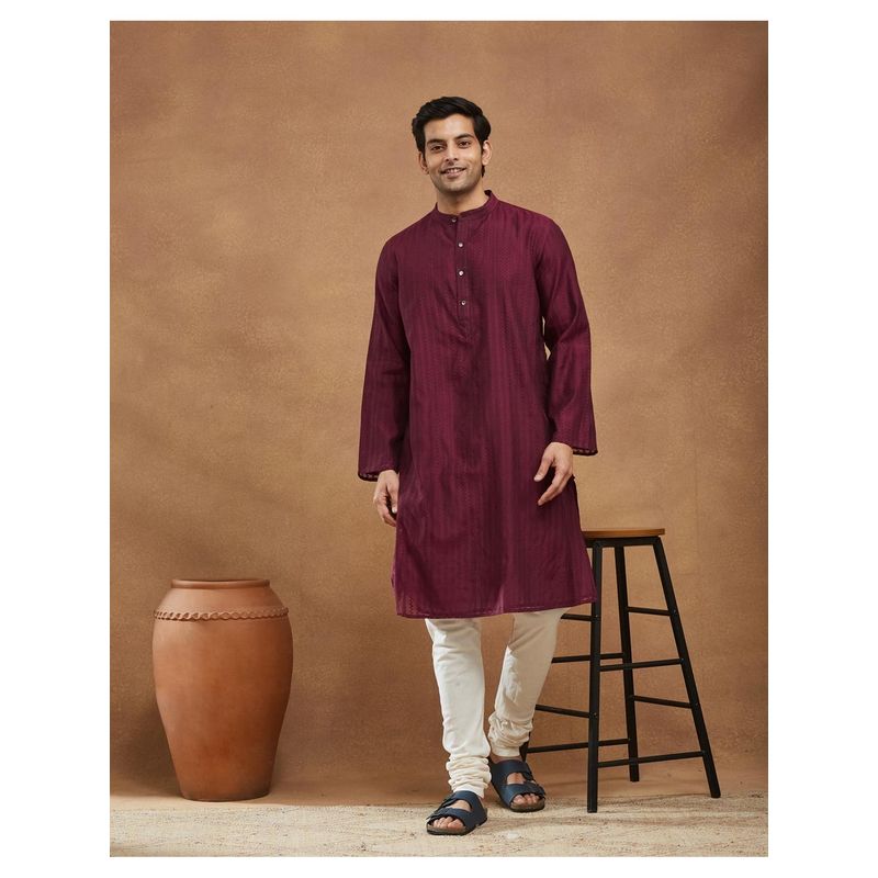 Fabindia Wine Cotton Silk Cutwork Long Kurta (S)