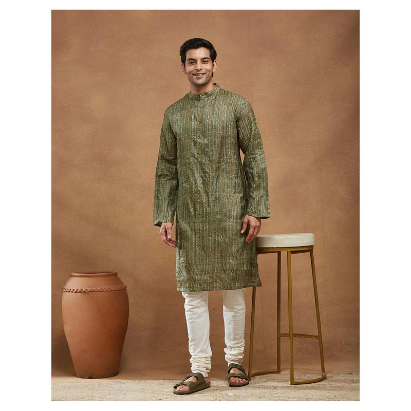 Fabindia Green Silk Hand Block Print Long Kurta (S)