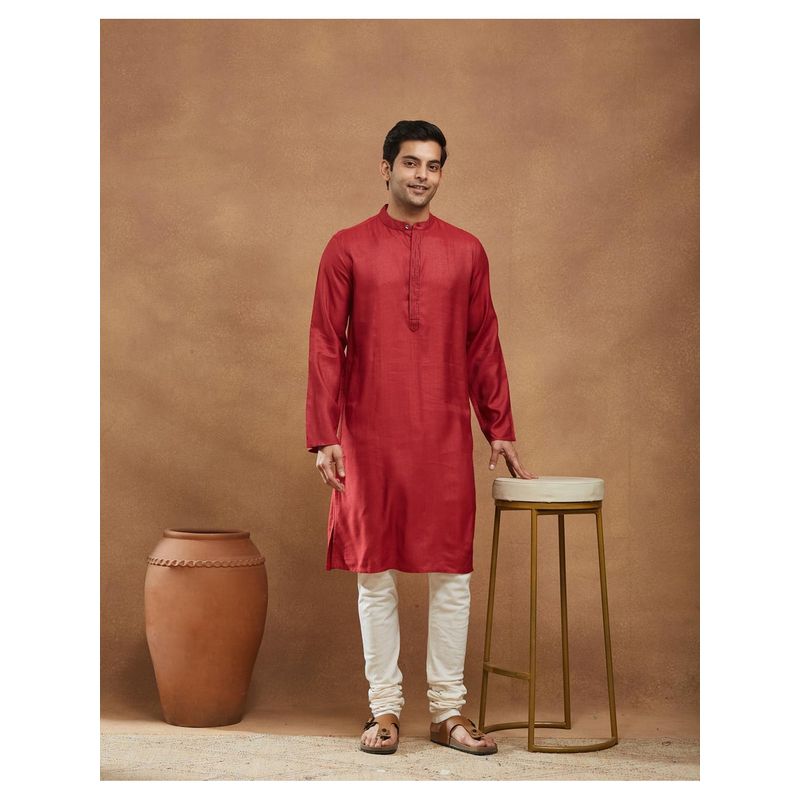 Fabindia Red Viscose Silk Slim Fit Long Kurta (XS)