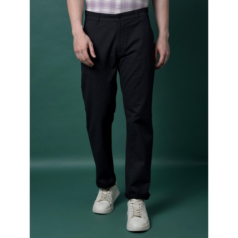 CRIMSOUNE CLUB Men Black Self Design Cotton Straight Fit Casual Trouser (32)