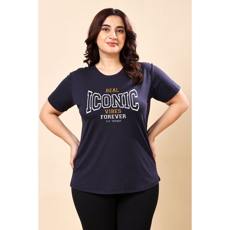 The Fit Theory Women Navy Blue Round Neck Breathable Quick Dry Training T-Shirt (XS)