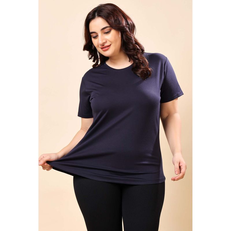 The Fit Theory Women Navy Blue Round Neck Half Sleeves Regular Fit T-Shirts (Pack of 3) (S)