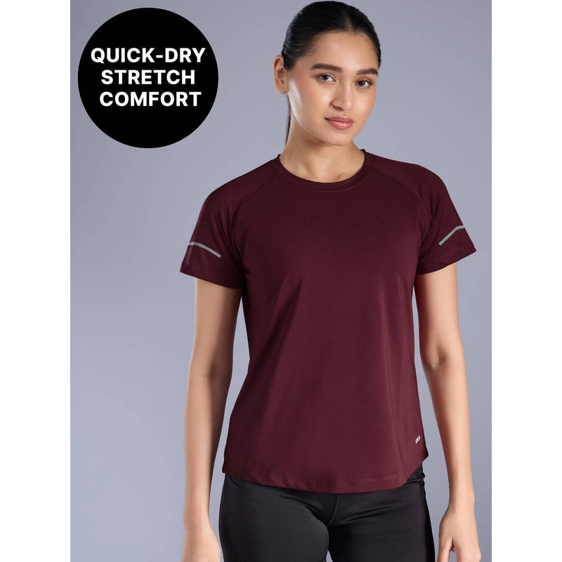 Kica Quick Dry Tee with Soft Stretch & Reflective Detail for Gym & Running KIC026 Wine (S)