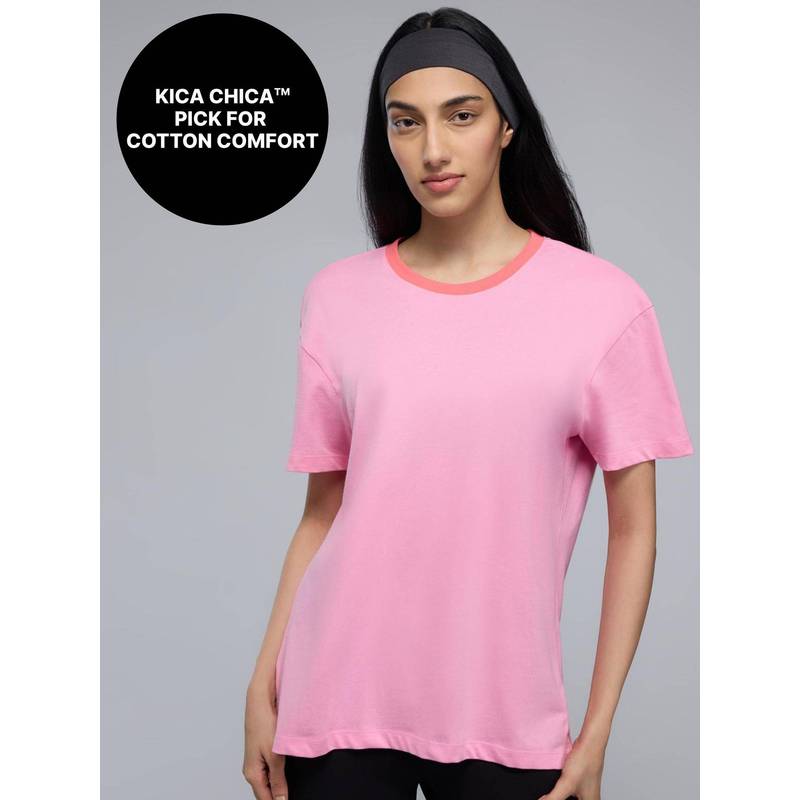 Kica 100%Cotton Graphic T-Shirt with Curved Hem & Side Slits For Workout to Weekend KIC034 Pink(XS)