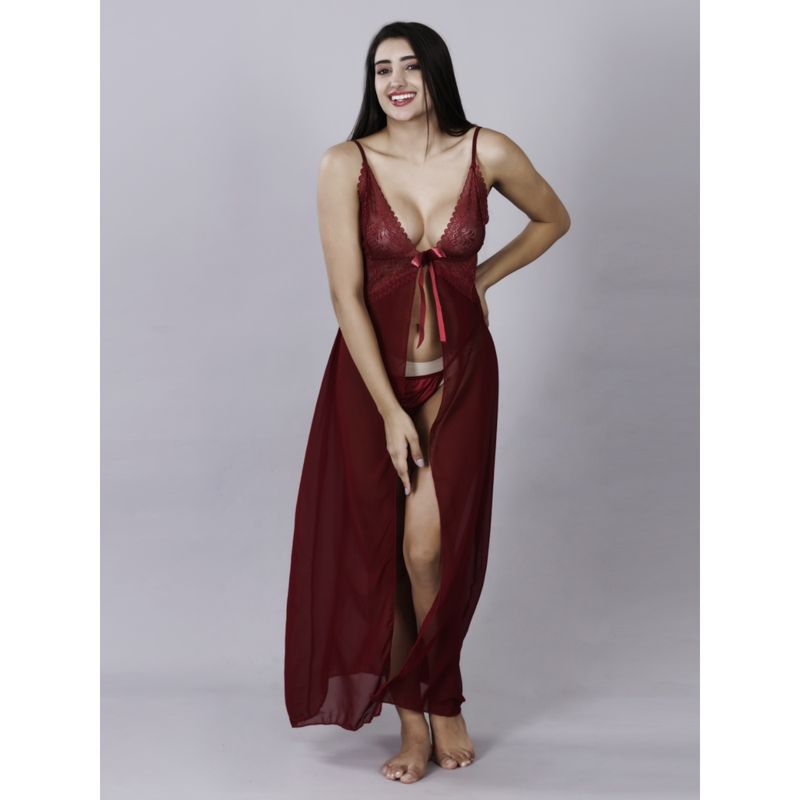 Herryqeal Women Lingerie long Lace Babydoll Nightdress with Panty (Set of 2) (M)