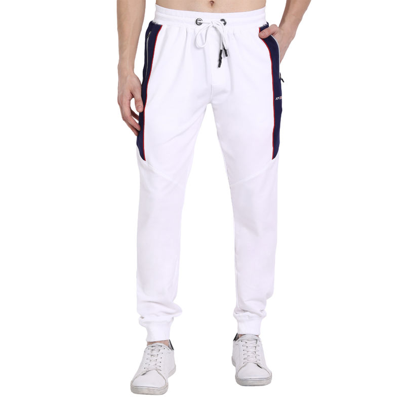 AM SWAN Cotton Rich Lycra with Contrast Pannel Colorblock Joggers In White (34)