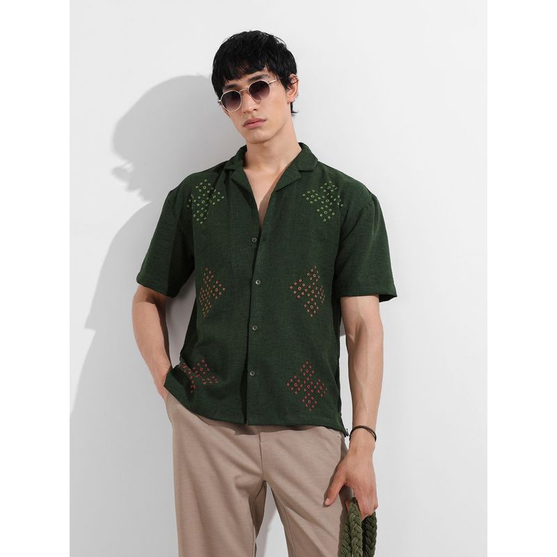 The Indian Garage Co Men Green Solid Notched Lapel Collar Half Sleeves Shirt (L)