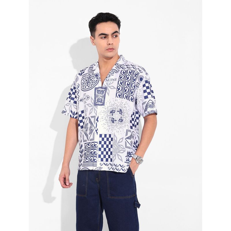 The Indian Garage Co Men Blue Printed Notched Lapel Collar Half Sleeves Shirt (S)