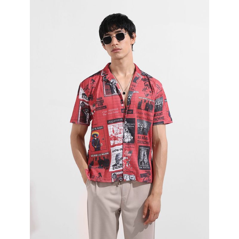 The Indian Garage Co Men Red Printed Notched Lapel Collar Half Sleeves Shirt (XL)