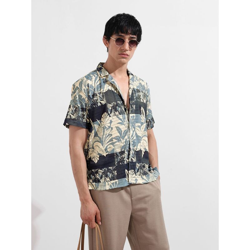 The Indian Garage Co Men Grey Printed Notched Lapel Collar Half Sleeves Shirt (S)