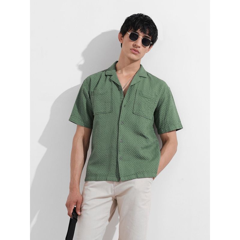 The Indian Garage Co Men Green Geometric Printed Notched Lapel Collar Half Sleeves Shirt (S)