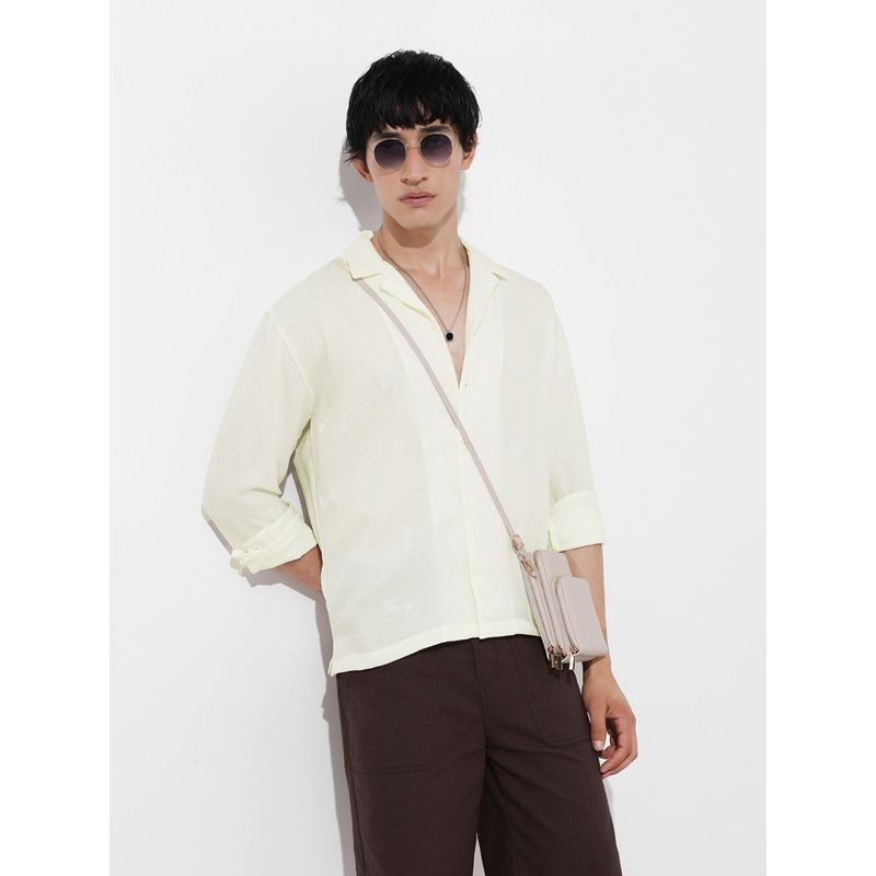 The Indian Garage Co Men Cream Embroidered Notched Lapel Collar Full Sleeves Shirt (L)