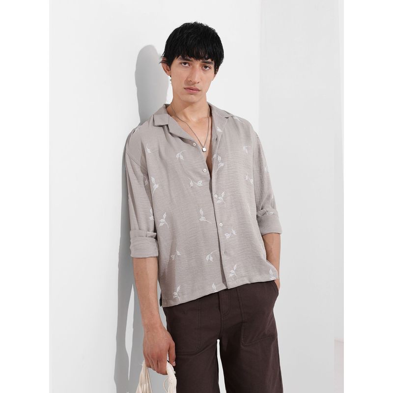 The Indian Garage Co Men Grey Embroidered Notched Lapel Collar Full Sleeves Shirt (L)