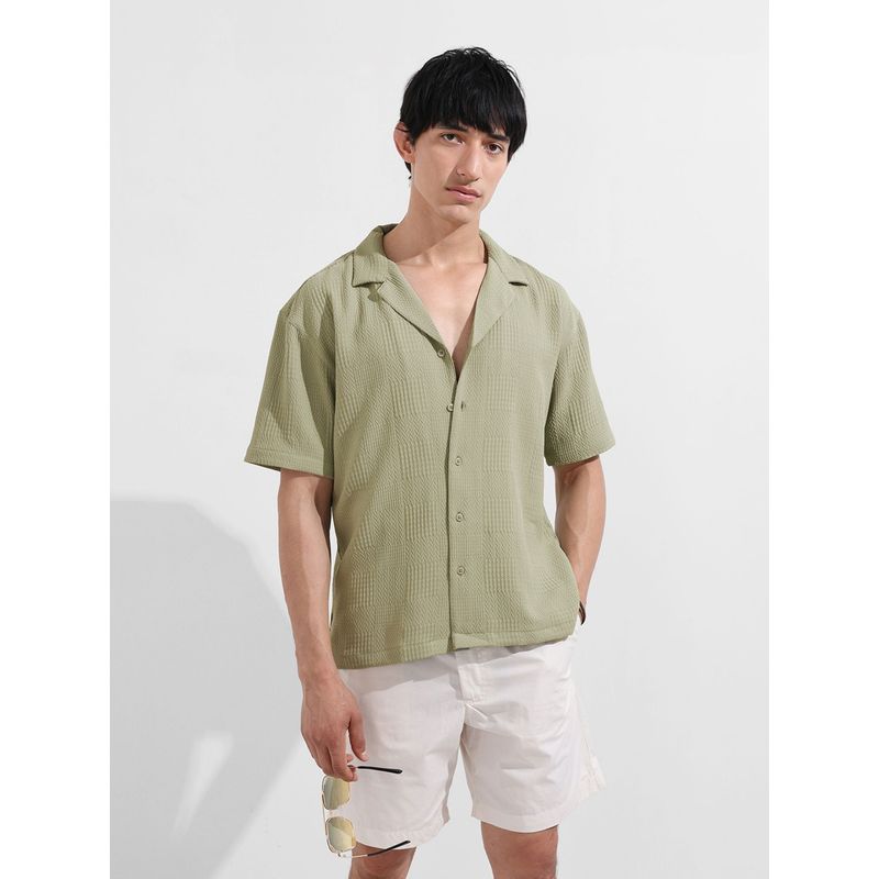 The Indian Garage Co Men Green Textured Notched Lapel Collar Half Sleeves Shirt (M)