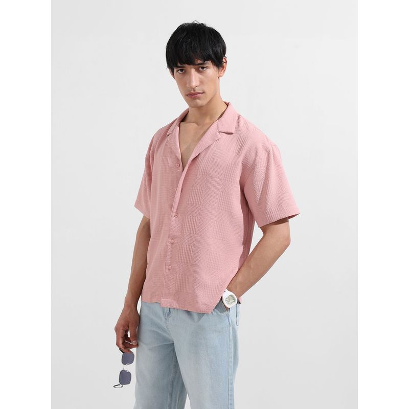 The Indian Garage Co Men Pink Textured Notched Lapel Collar Half Sleeves Shirt (M)