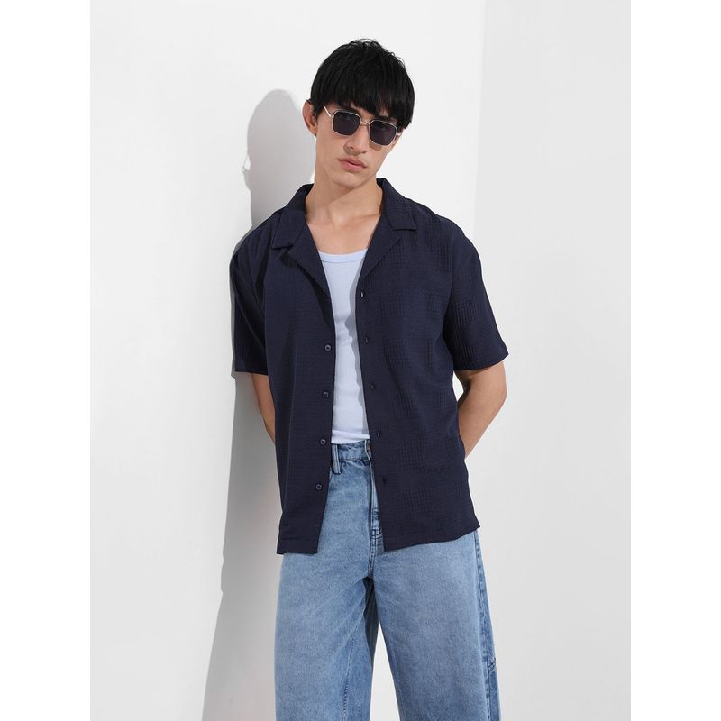 The Indian Garage Co Men Navy Blue Textured Notched Lapel Collar Half Sleeves Shirt (L)