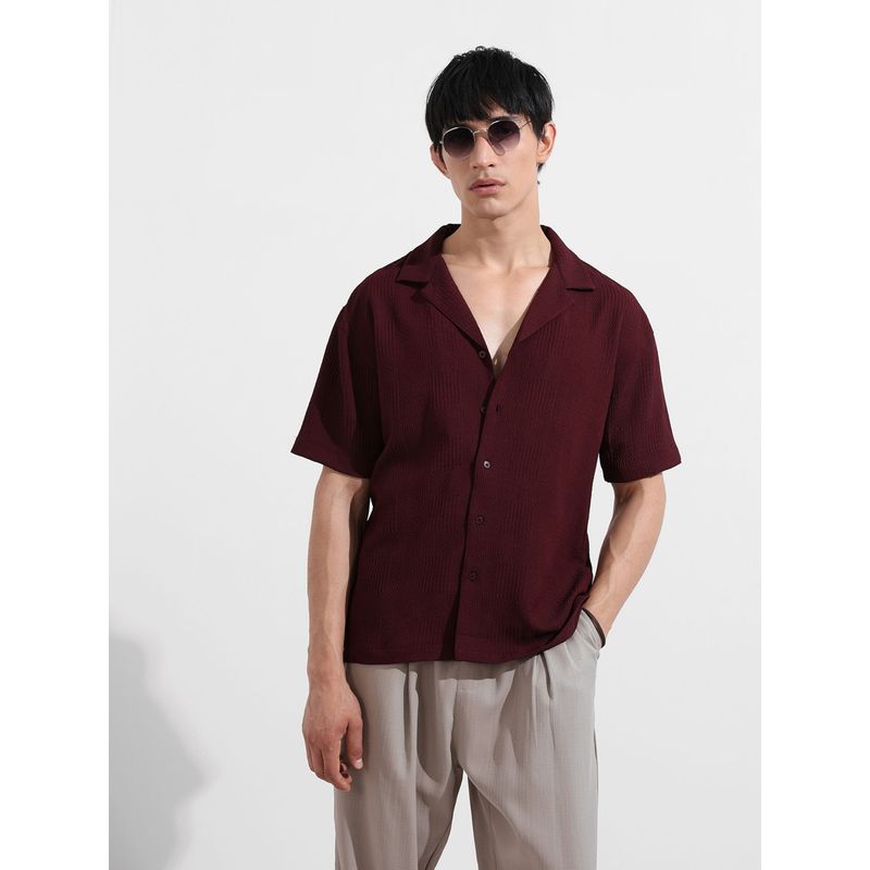 The Indian Garage Co Men Maroon Textured Notched Lapel Collar Half Sleeves Shirt (S)