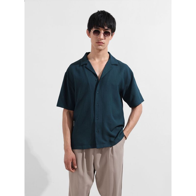 The Indian Garage Co Men Teal Textured Notched Lapel Collar Half Sleeves Shirt (M)