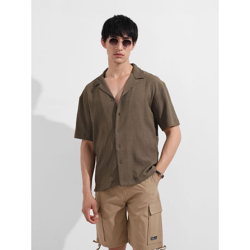 The Indian Garage Co Men Green Textured Notched Lapel Collar Half Sleeves Shirt (S)