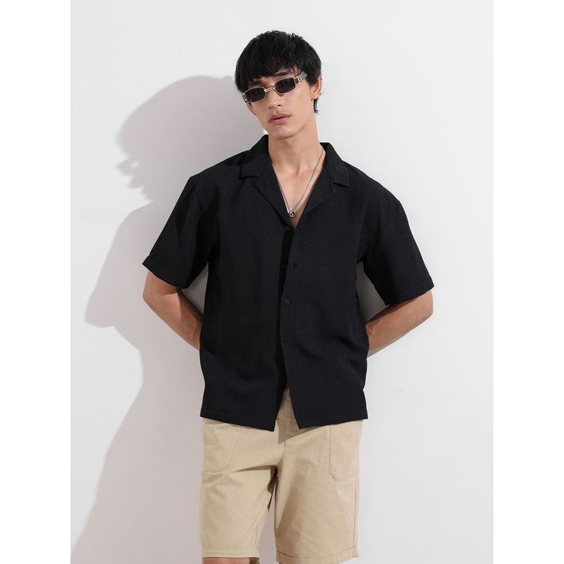 The Indian Garage Co Men Black Textured Notched Lapel Collar Half Sleeves Shirt (S)