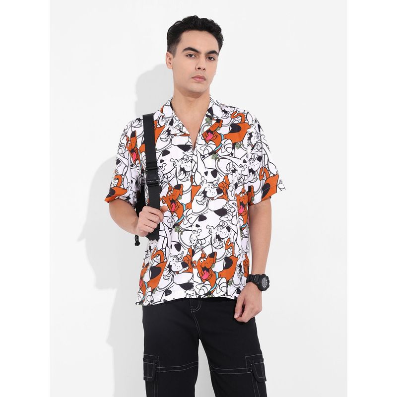 The Indian Garage Co Men White Scooby-Doo Printed Notched Lapel Collar Half Sleeves Shirt (M)