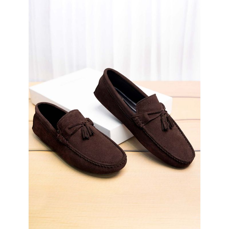 Louis Stitch Brown Italian Suede Leather Handmade Driving Tassel Loafers (UK 9)