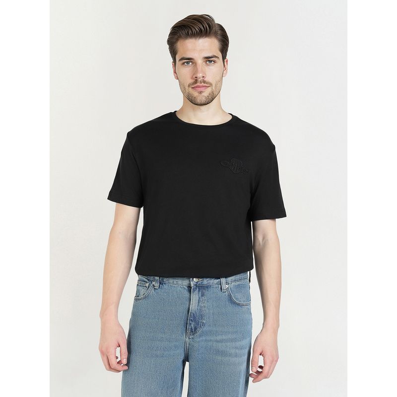 GANT Men Black Tonal Shield Pure Cotton Solid Crew Neck T-Shirt (M)
