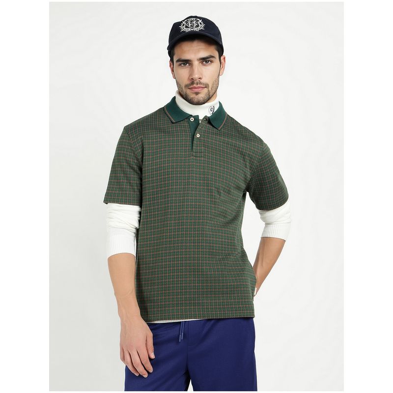 GANT Men Dark Green Checked Polo T-Shirt (S)