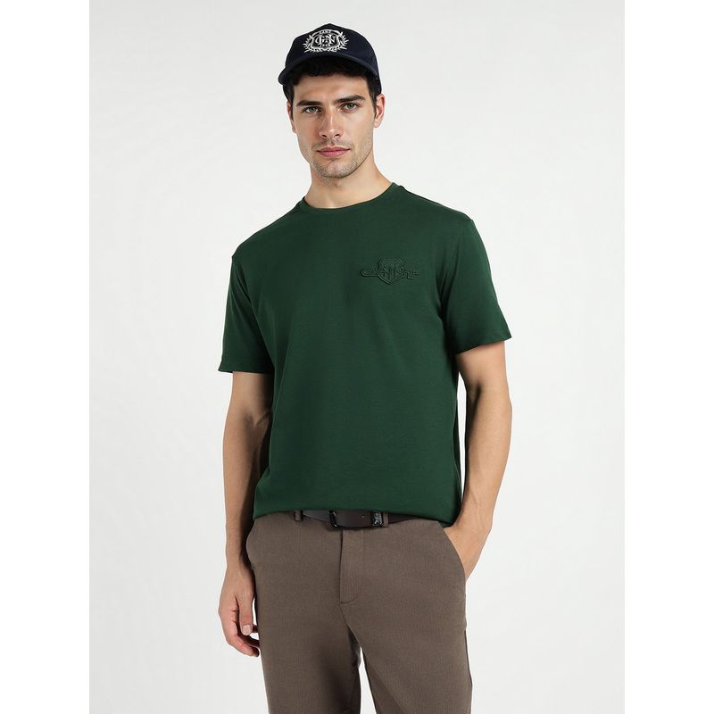 GANT Men Dark Green Tonal Shield Pure Cotton Solid Crew Neck T-Shirt (M)
