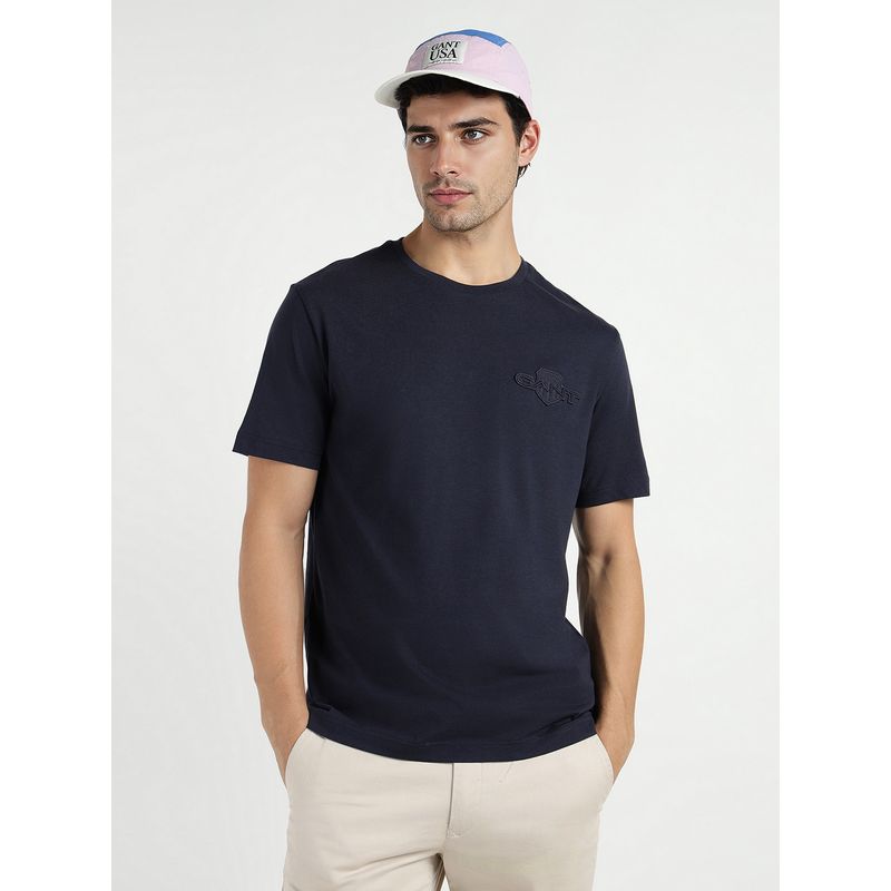 GANT Men Navy Blue Tonal Shield Pure Cotton Solid Crew Neck T-Shirt (S)