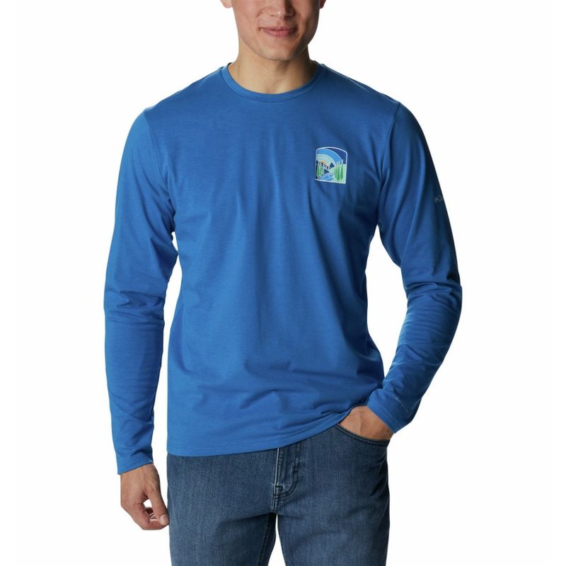Columbia Men Blue Full Sleeve Sun Trek Graphic Long Sleeve Shirt (L)
