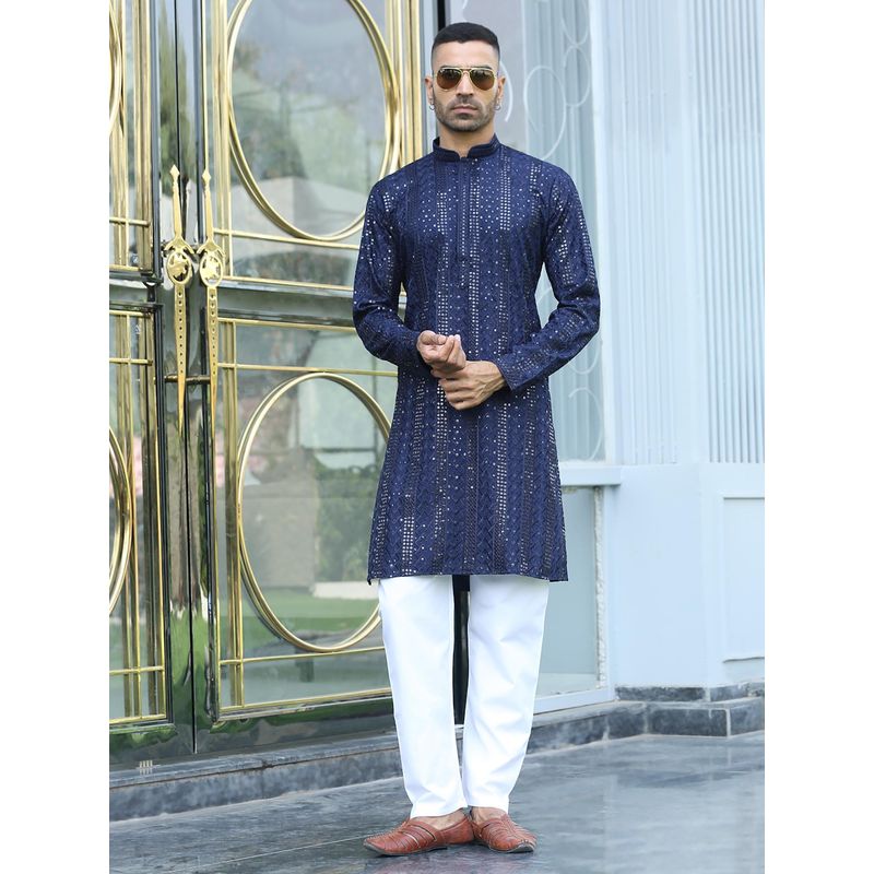 Kraft India Navy Blue Embroidered Regular Fit Kurta and Pyjama (Set of 2) (36)