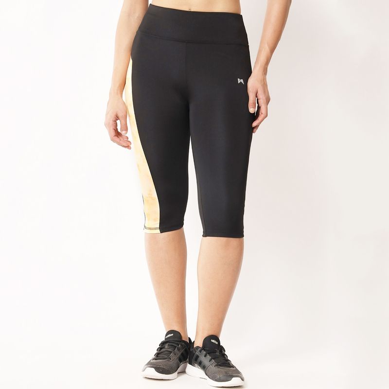 Muscle Torque Women High Waist Capri with Printed Panel Black & Yellow (S)