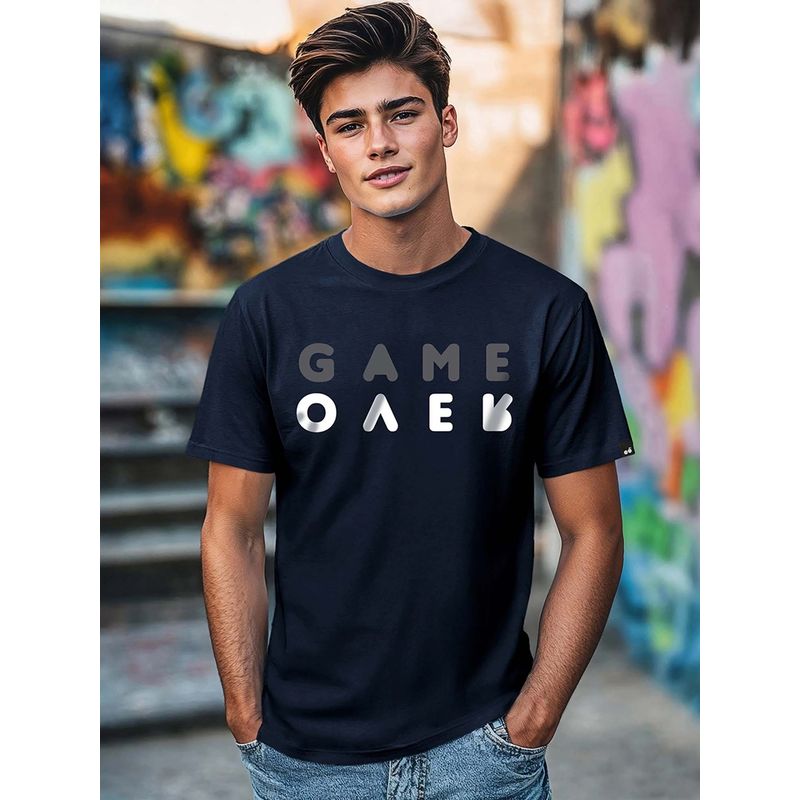 Bewakoof Men's Blue Game Over Minimal Typography T-shirt (S)