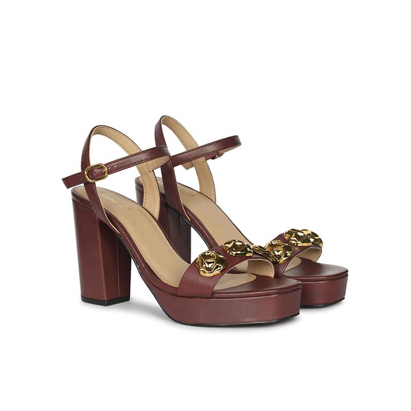 Saint G Women Brown Leather Block Sandal Heels (EURO 37)